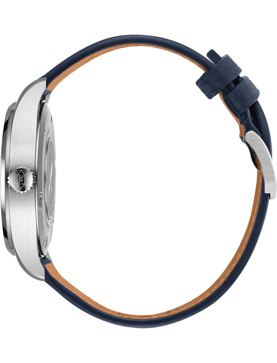 Side view of IWC Pilot's Watch Automatic 36 Le Petit Prince wristwatch with stainless steel case, blue dial, and blue calfskin strap.