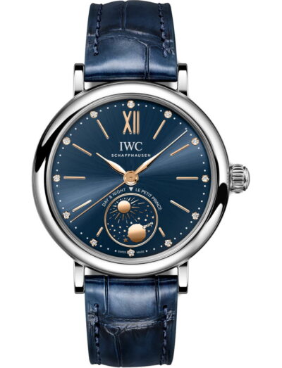 IWC Portofino Automatic Day & Night 34 Le Petit Prince wristwatch with stainless steel case, blue dial, and blue alligator leather strap.