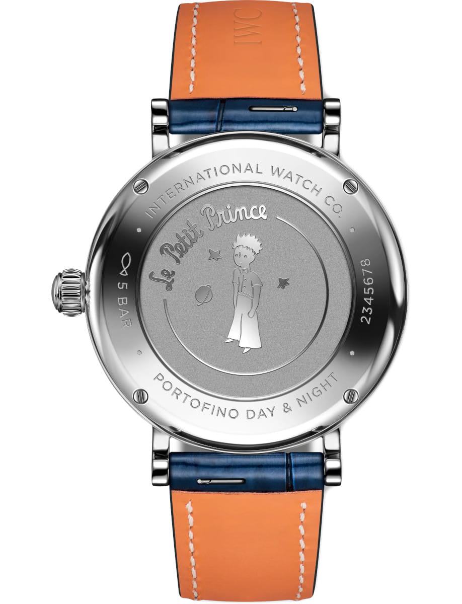 Back view of IWC Portofino Automatic Day & Night 34 Le Petit Prince wristwatch with stainless steel case, blue dial, and blue alligator leather strap.