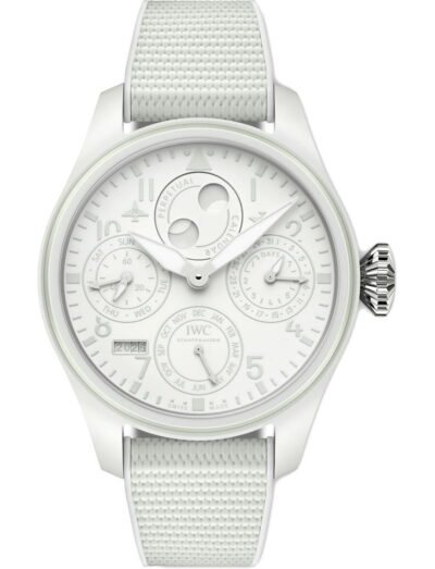 IWC Big Pilot's Watch Perpetual Calendar Ceralume® wristwatch with Ceralume case, white dial, and white rubber strap.