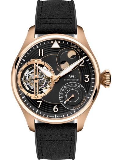 IWC Big Pilot’s Watch Constant Force Tourbillion wristwatch with 18k Armor gold case, black dial, and black rubber strap.