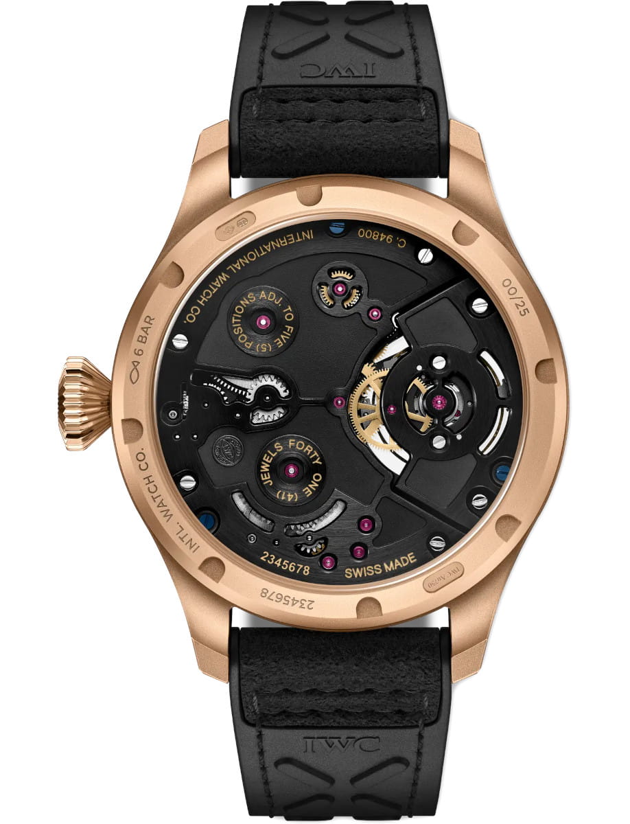 Back view of IWC Big Pilot’s Watch Constant Force Tourbillion wristwatch with 18k Armor gold case, black dial, and open case back.