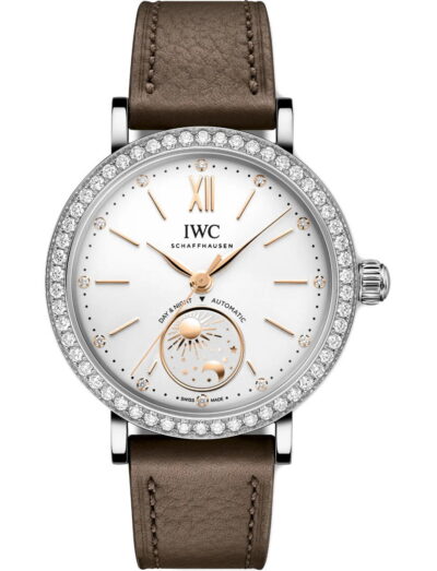 IWC Portofino Automatic Day & Night 34 wristwatch with stainless steel case, silver-plated dial, and taupe calfskin strap.
