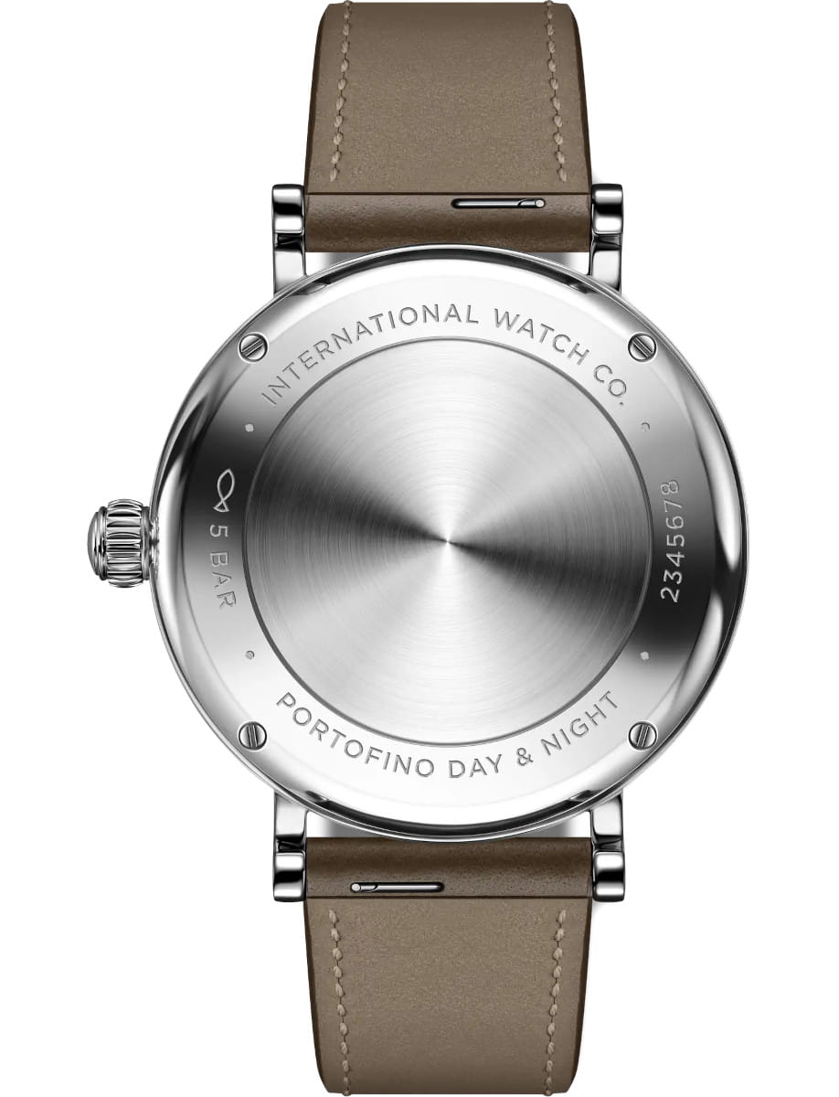 Back view of IWC Portofino Automatic Day & Night 34 wristwatch with stainless steel case, silver-plated dial, and taupe calfskin strap.