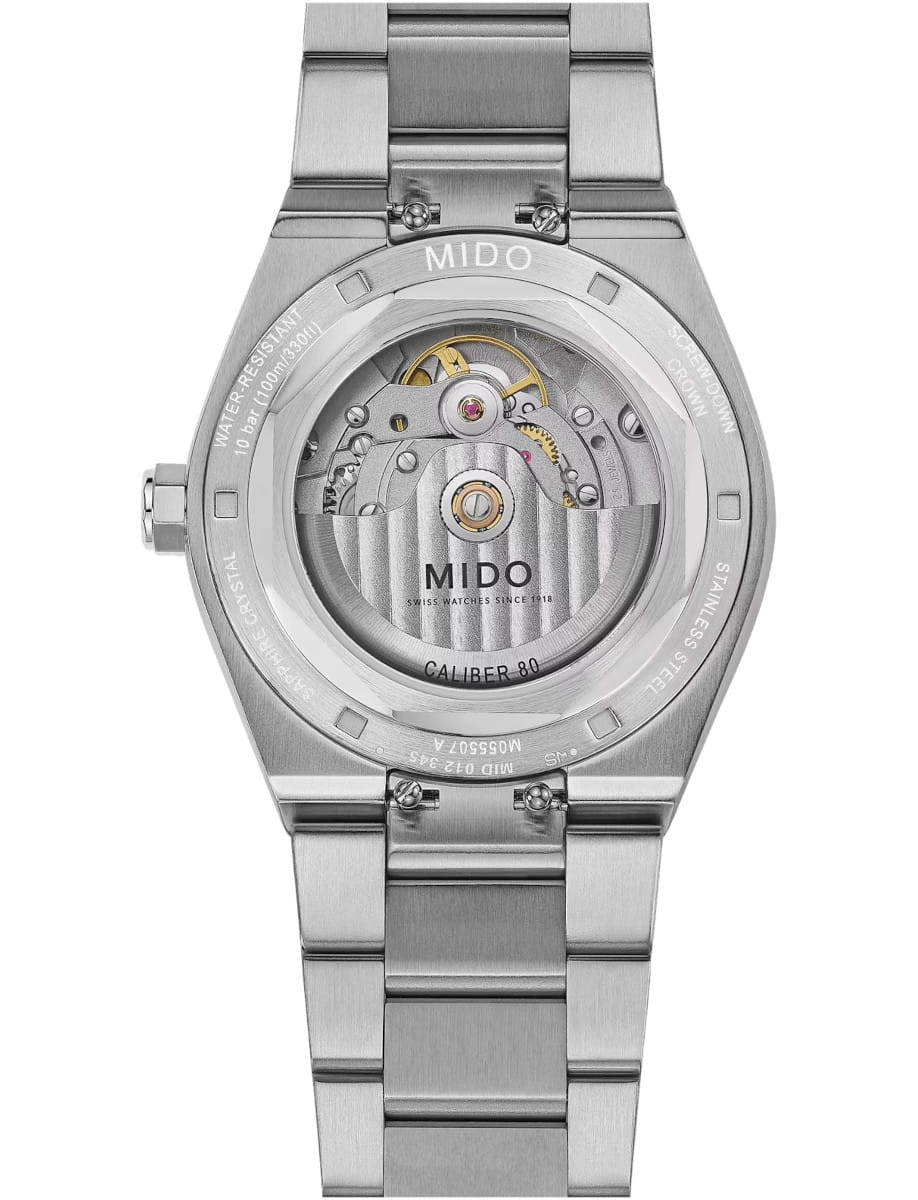 Back view of Mido Multifort wristwatch with stainless steel case and bracelet, and black dial.