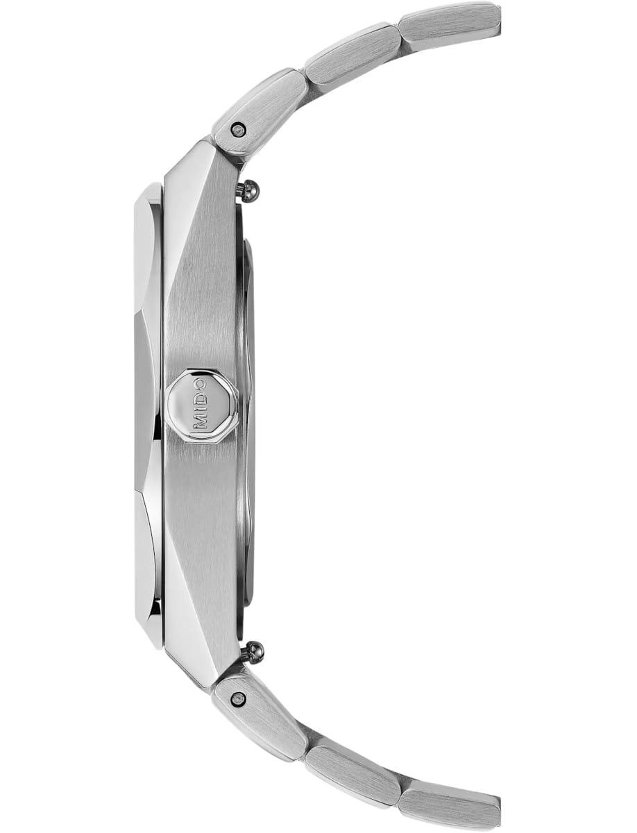 Side view of Mido Multifort wristwatch with stainless steel case and bracelet, and black dial.