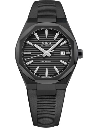 Mido wristwatch with stainless steel case with black PVD coating, black dial, and black rubber strap.