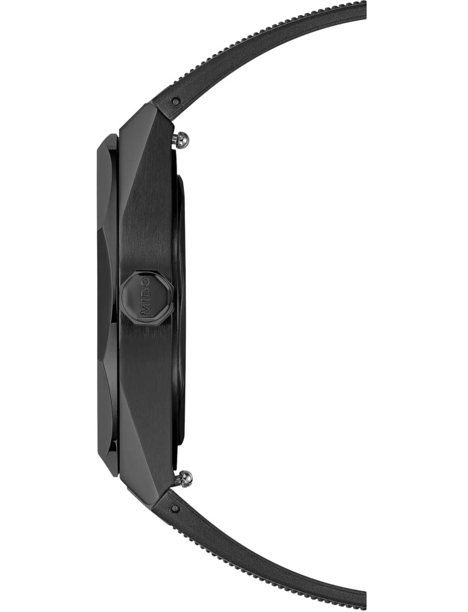 Side view of Mido wristwatch with stainless steel case with black PVD coating, black dial, and black rubber strap.