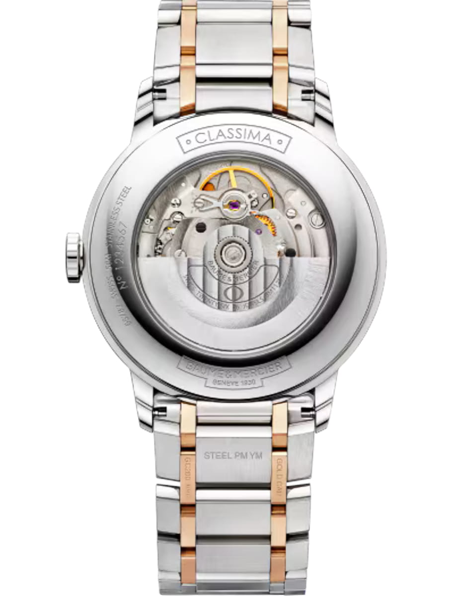 Back view of Baume & Mercier wristwatch with steel and 18k pink gold capped steel case and bracelet and silver dial