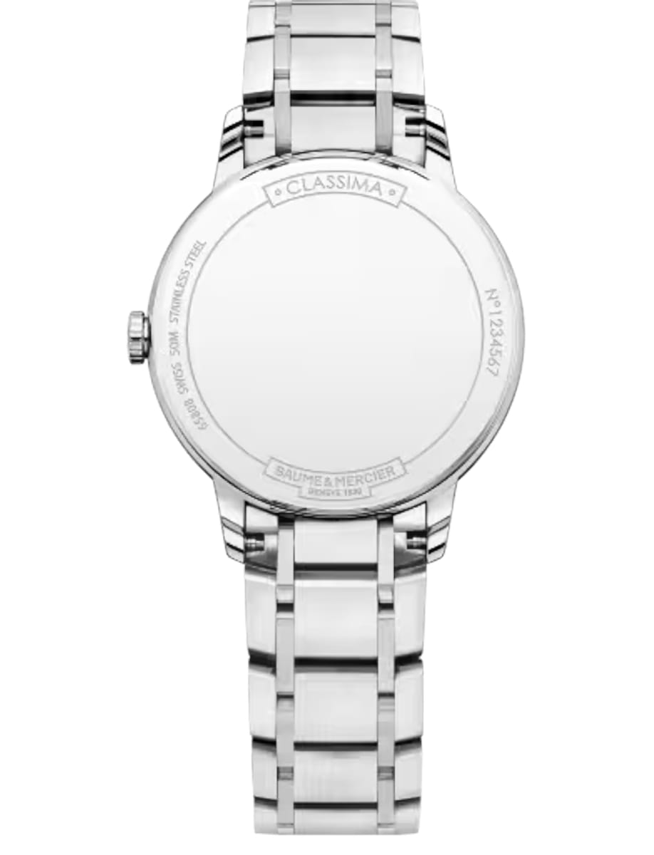 Back view of Baume & Mercier wristwatch with stainless steel case and bracelet and white dial