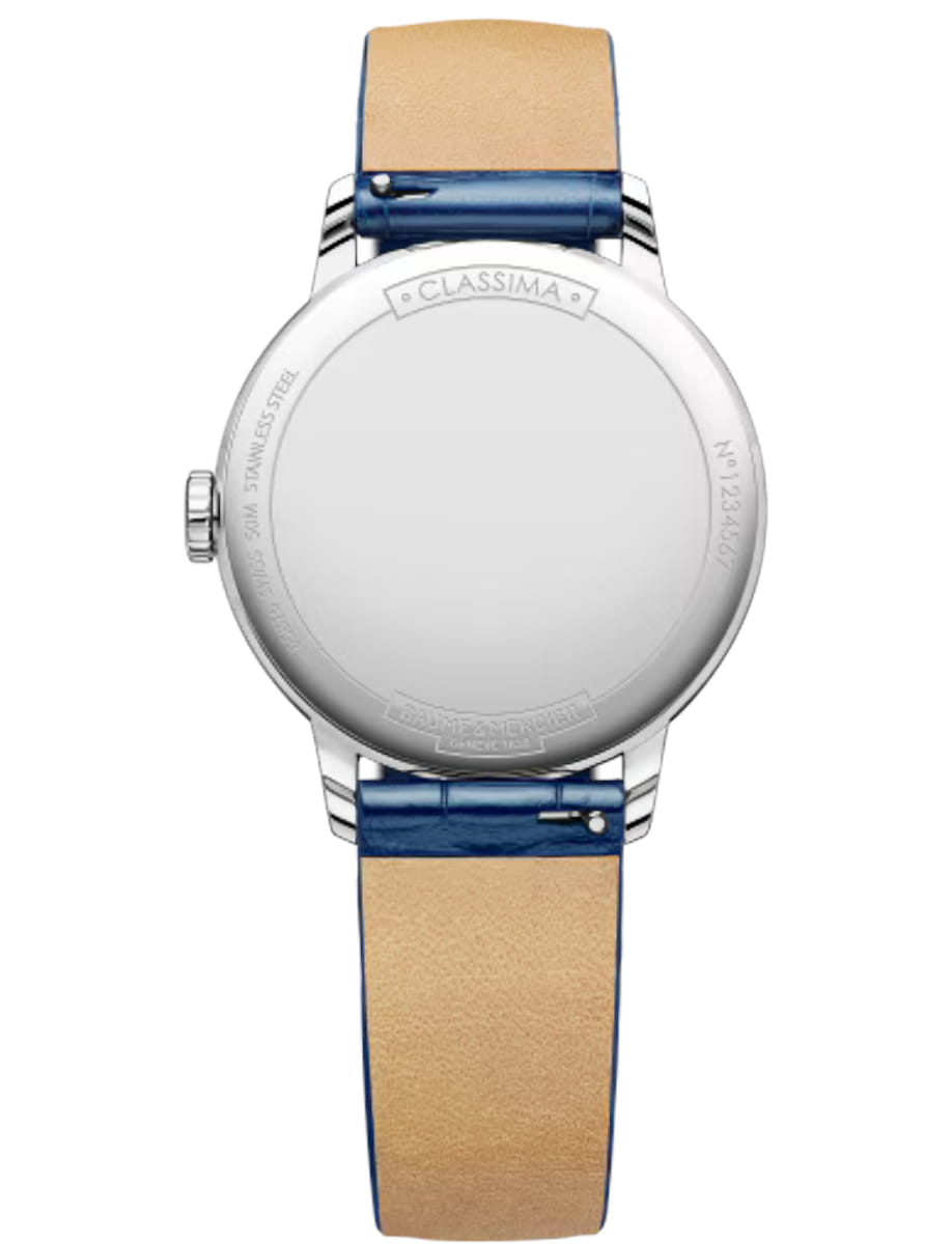 Back view of Baume & Mercier wristwatch with stainless steel case, silver dial and alligator leather strap