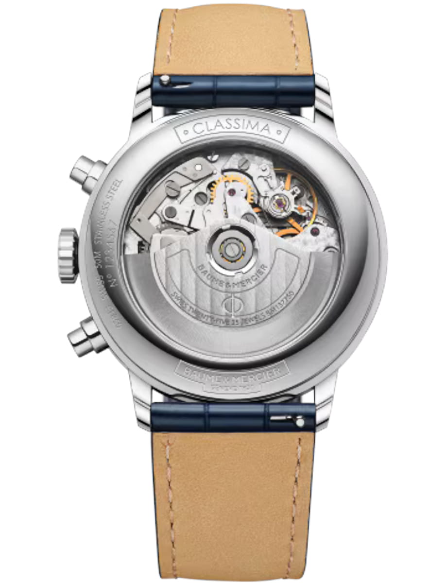 Back view of Baume & Mercier wristwatch with stainless steel case, silver dial and alligator leather strap