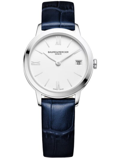 Baume & Mercier wristwatch with stainless steel case, white dial and calfskin leather strap