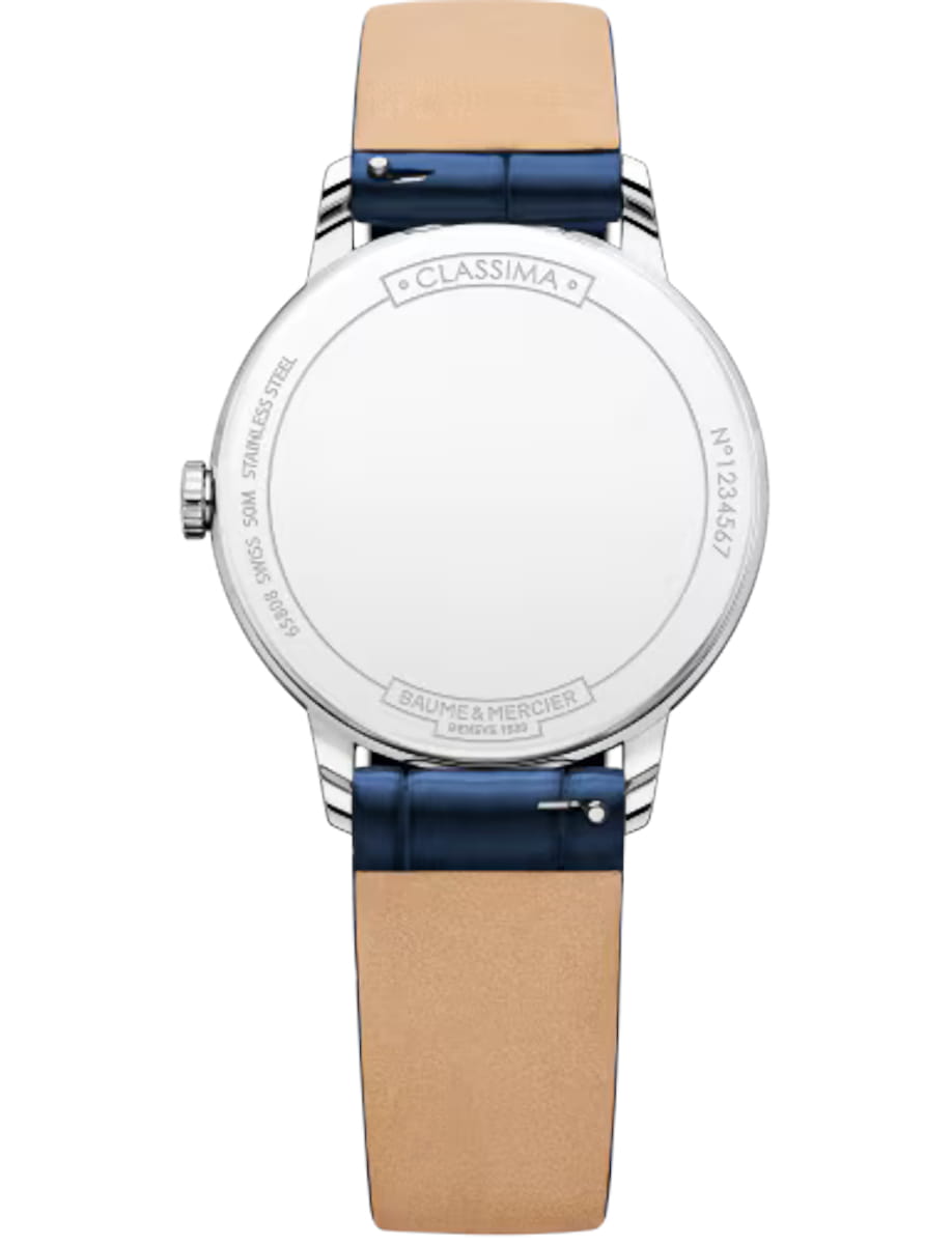 Back view of Baume & Mercier wristwatch with stainless steel case, white dial and calfskin leather strap