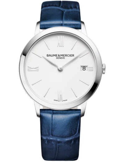 Baume & Mercier wristwatch with stainless steel case, white dial and blue leather strap