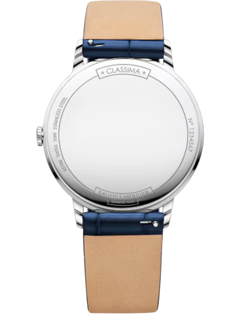 Back view of Baume & Mercier wristwatch with stainless steel case, white dial and blue leather strap