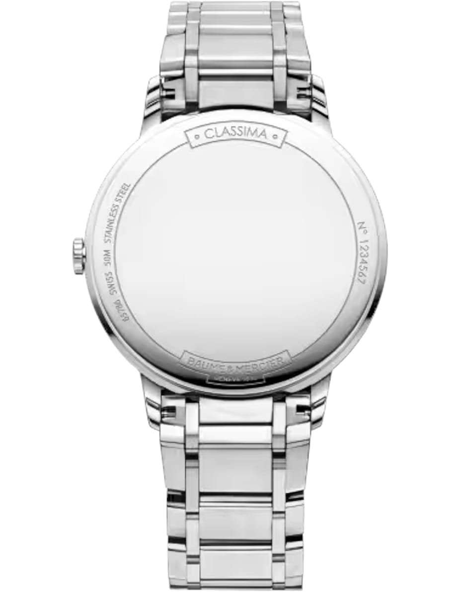 Back view of Baume & Mercier wristwatch with stainless steel case and bracelet and white dial