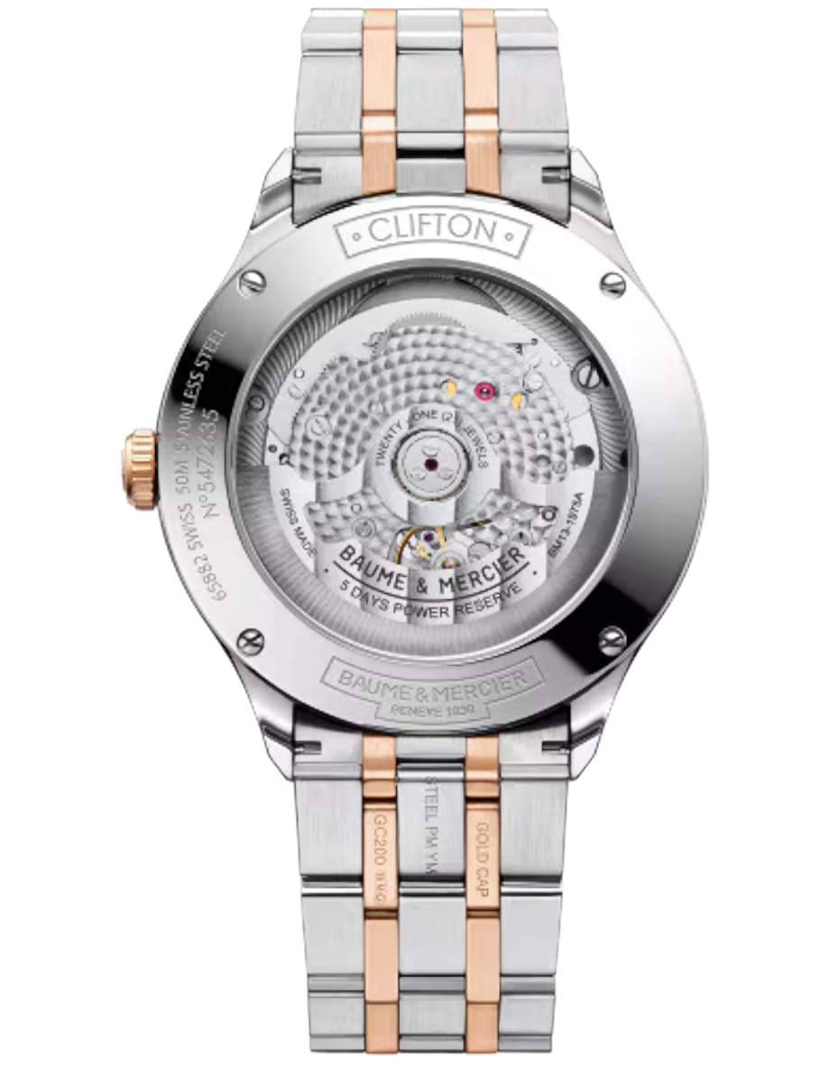Back view of Baume & Mercier wristwatch with steel and steel pink gold capped case and bracelet and warm-white dial