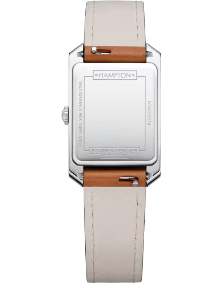 Back view of Baume & Mercier wristwatch with stainless steel case, grey dial and calfskin leather strap