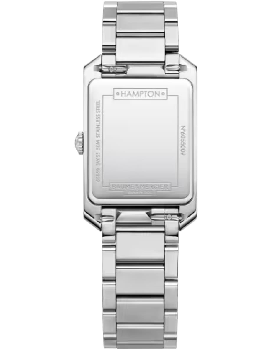 Back view of Baume & Mercier wristwatch with stainless steel case and bracelet and white mother of pearl dial