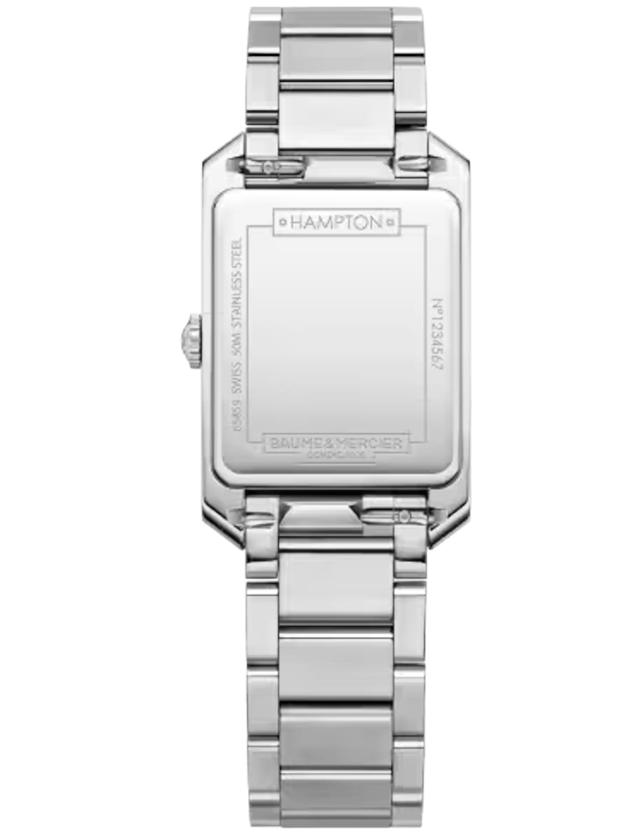 Back view of Baume & Mercier wristwatch with stainless steel case and bracelet and blue dial