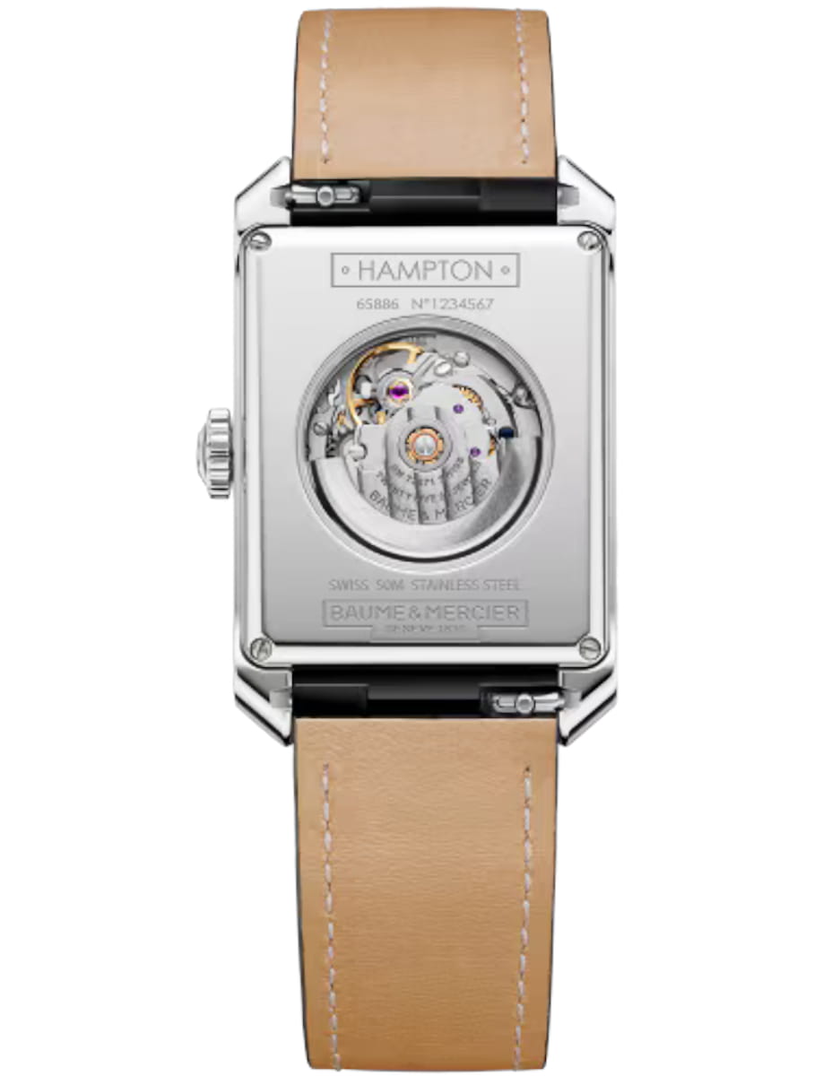 Back view of Baume & Mercier wristwatch with stainless steel case, grey dial and alligator leather strap