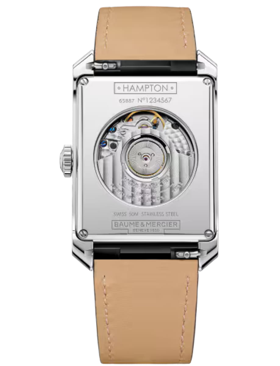 Back view of Baume & Mercier wristwatch with stainless steel case, grey dial and black calf leather strap