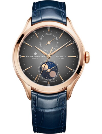 Baume & Mercier wristwatch with 18k pink gold case, grey dial and blue alligator strap