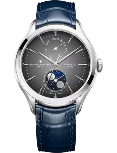 Baume & Mercier wristwatch with stainless steel case, grey dial and alligator leather strap