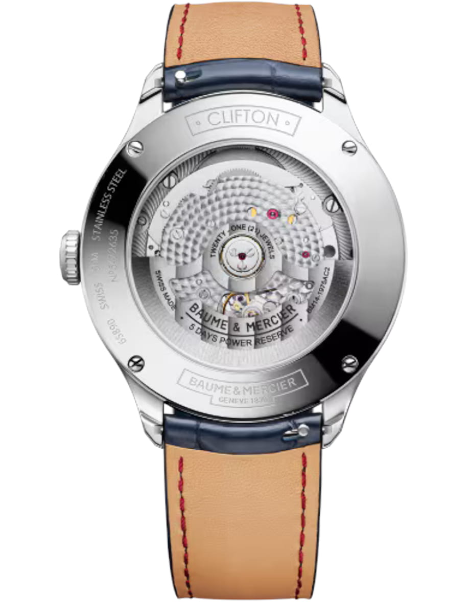 Back view of Baume & Mercier wristwatch with stainless steel case, grey dial and alligator leather strap