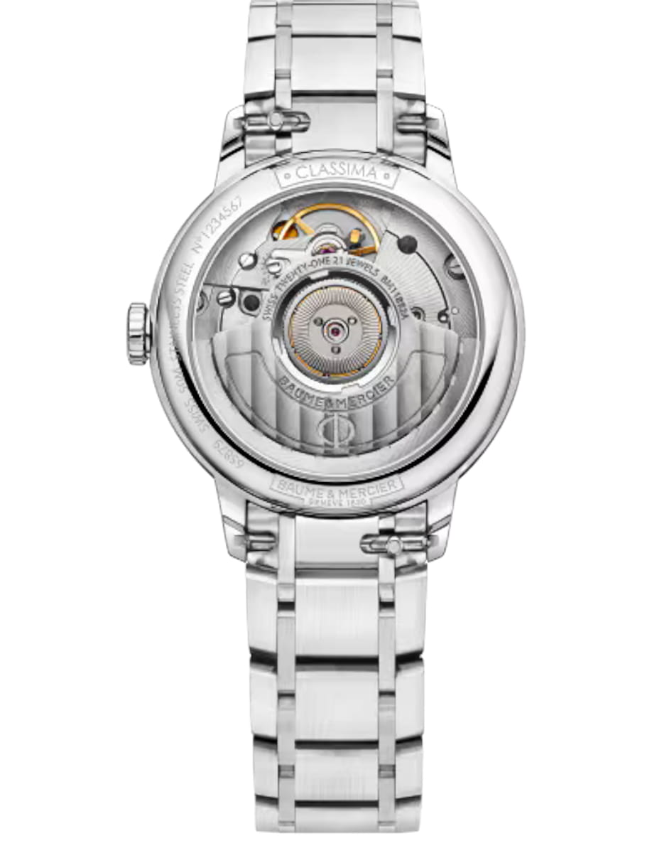 Back view of Baume & Mercier wristwatch with stainless steel case and bracelet and mother of pearl dial
