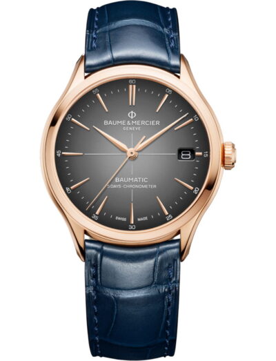 Baume & Mercier wristwatch with 18k pink gold case, grey dial and blue alligator leather strap