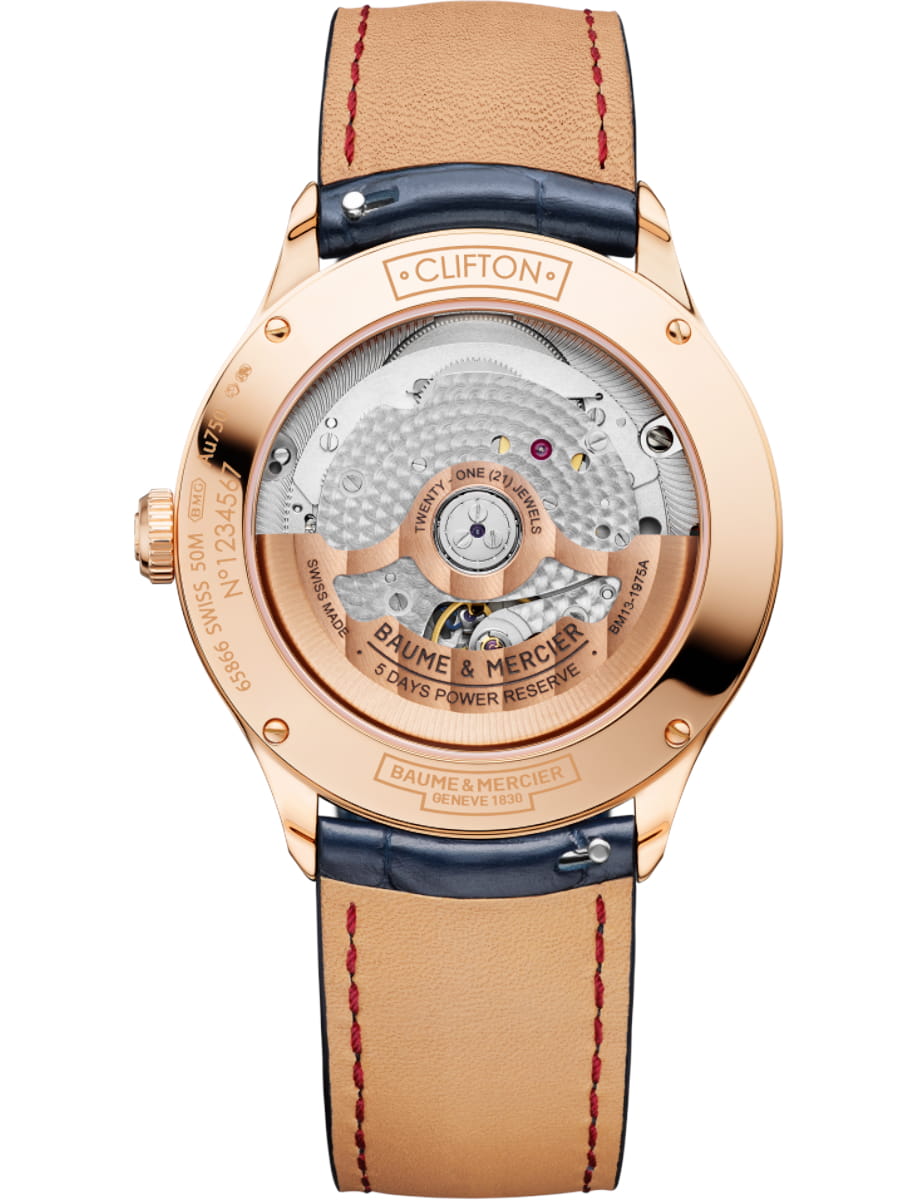Back view of Baume & Mercier wristwatch with 18k pink gold case, grey dial and blue alligator leather strap