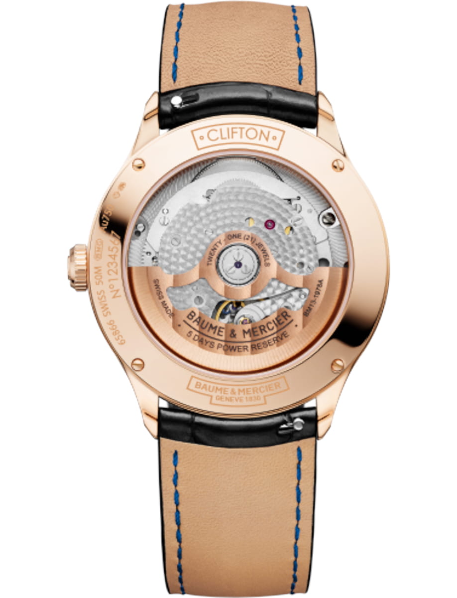 Back view of Baume & Mercier wristwatch with 18k pink gold case, burgundy dial and alligator leather strap
