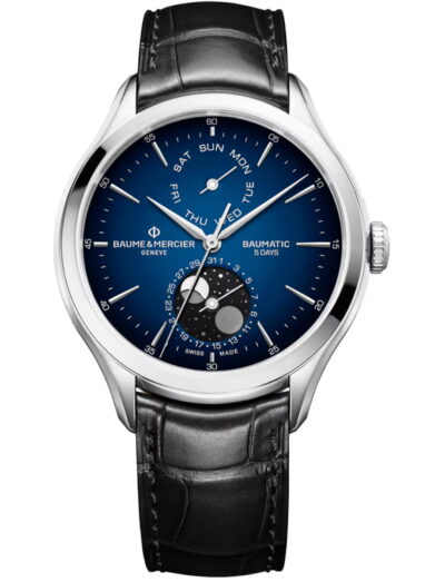 Baume & Mercier wristwatch with stainless steel case, blue dial and alligator leather strap