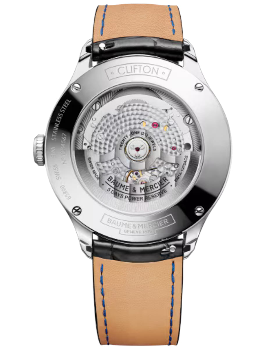 Back view of Baume & Mercier wristwatch with stainless steel case, blue dial and alligator leather strap