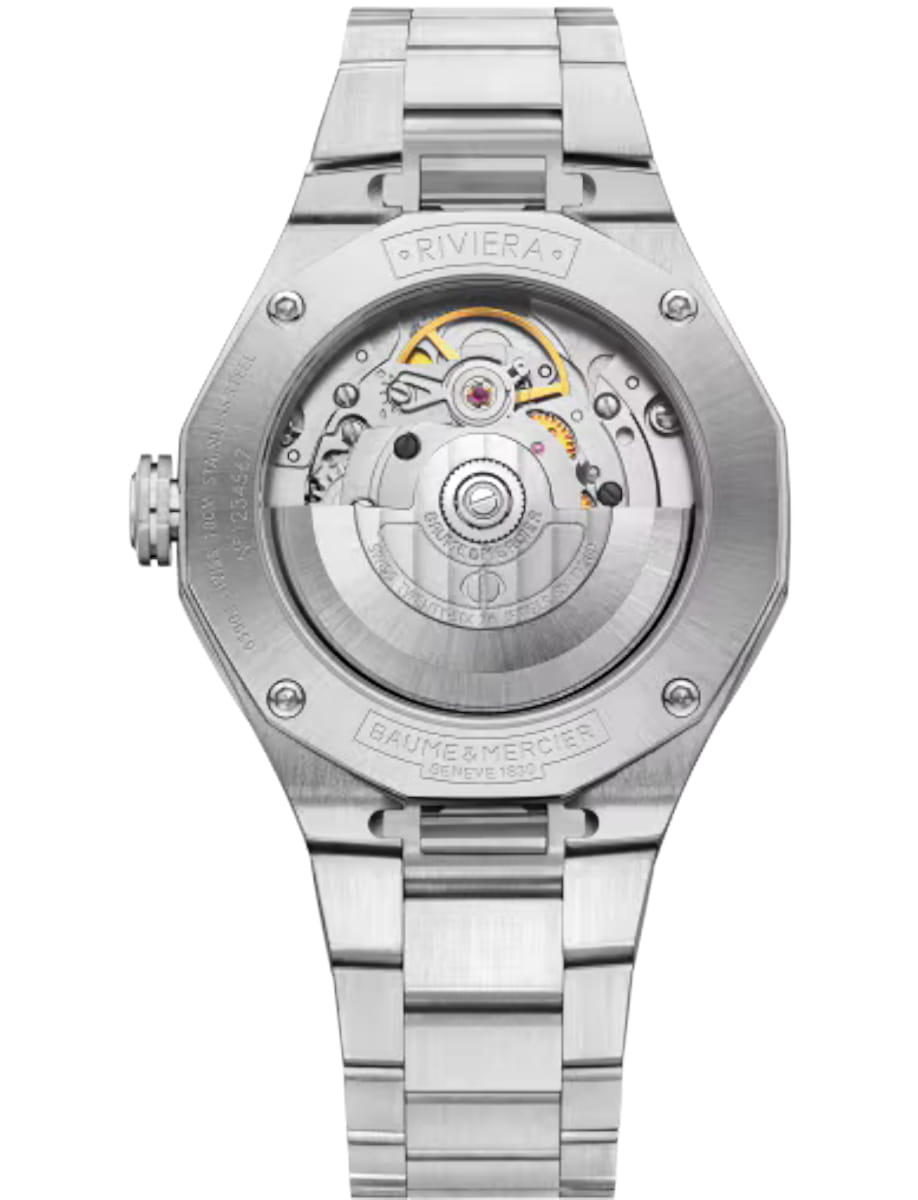Back view of Baume & Mercier wristwatch with stainless steel case and bracelet and grey dial