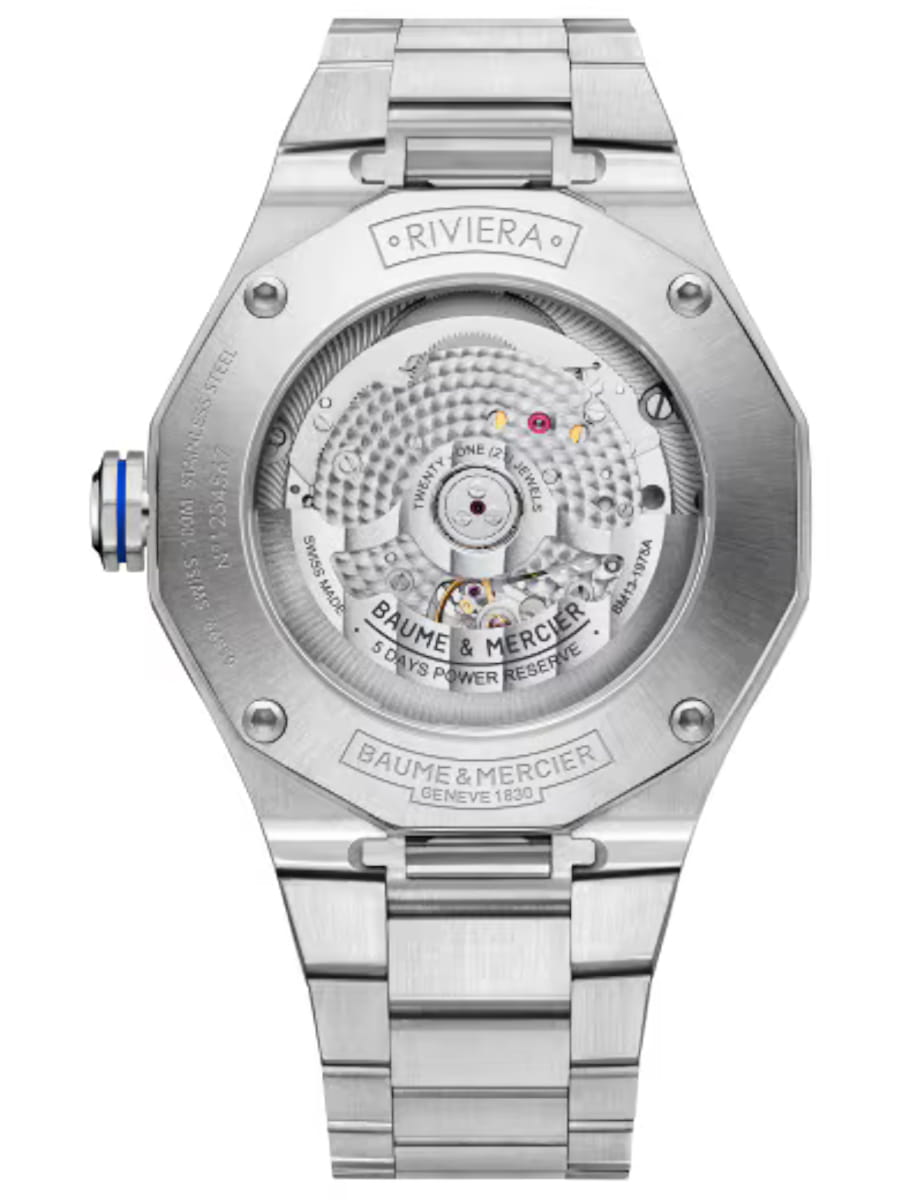 Back view of Baume & Mercier wristwatch with stainless steel case and bracelet and blue dial