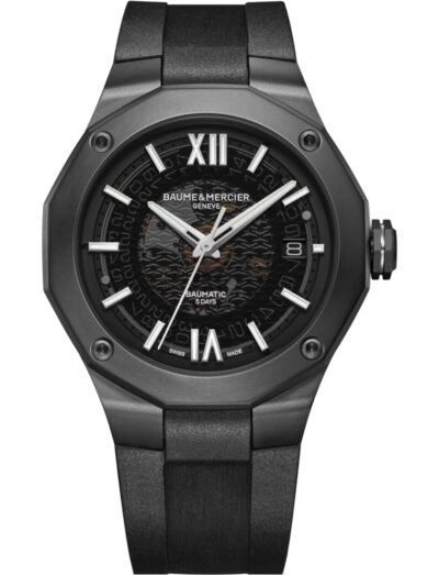 Baume & Mercier wristwatch with black ADLC steel, grey dial and black rubber strap