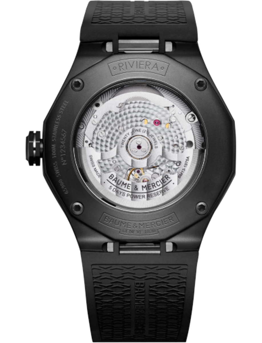 Back view of Baume & Mercier wristwatch with black ADLC steel, grey dial and black rubber strap