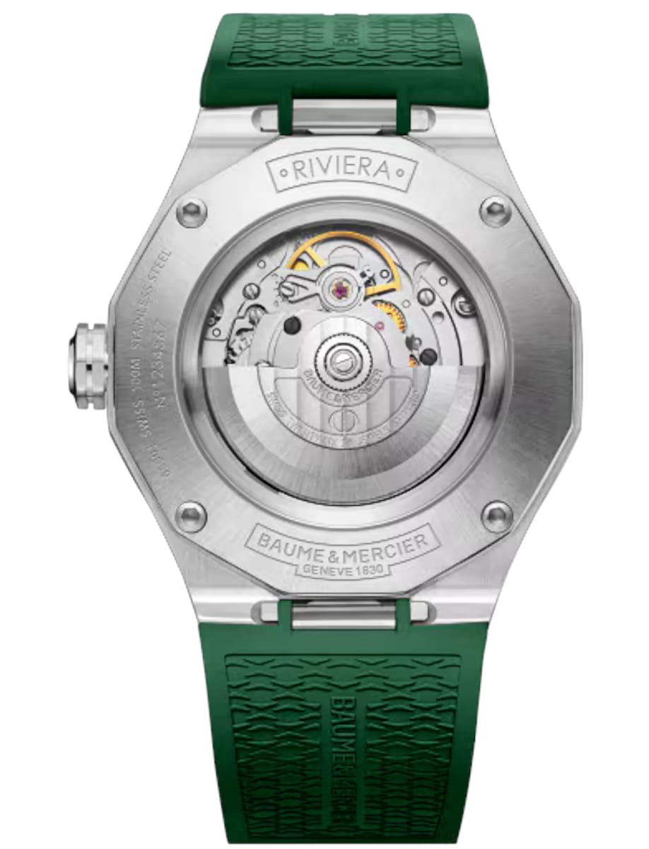 Back view of Baume & Mercier wristwatch with stainless steel case, green dial and green rubber strap