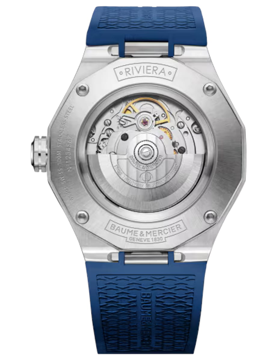 Back view of Baume & Mercier wristwatch with stainless steel case, blue dial and blue rubber strap