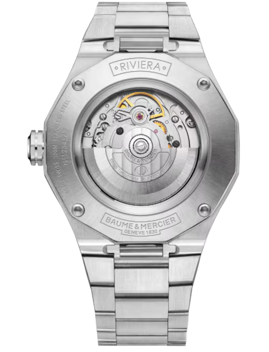 Back view of Baume & Mercier wristwatch with stainless steel case and bracelet and black dial