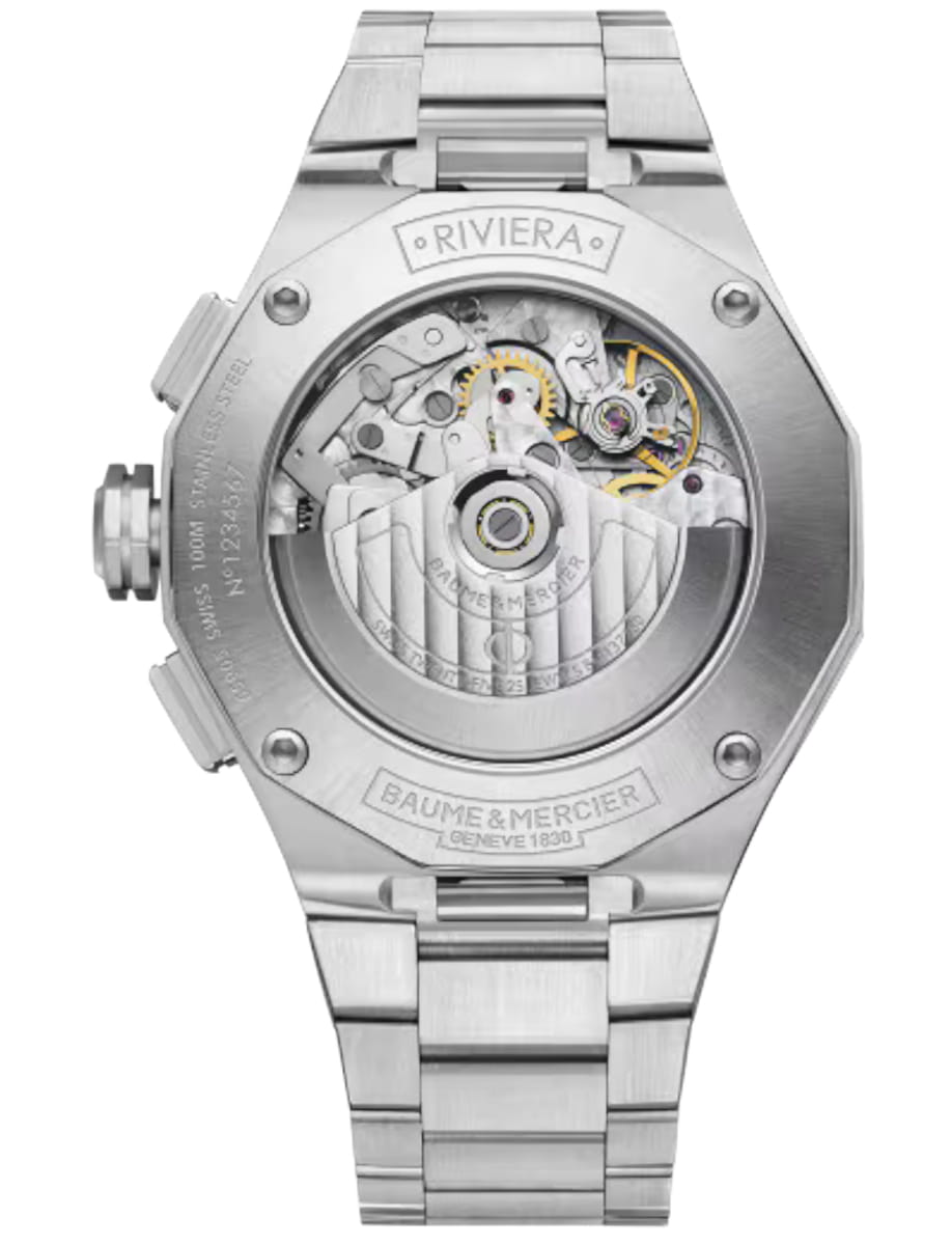 Back view of Baume & Mercier wristwatch with stainless steel case and bracelet and black dial