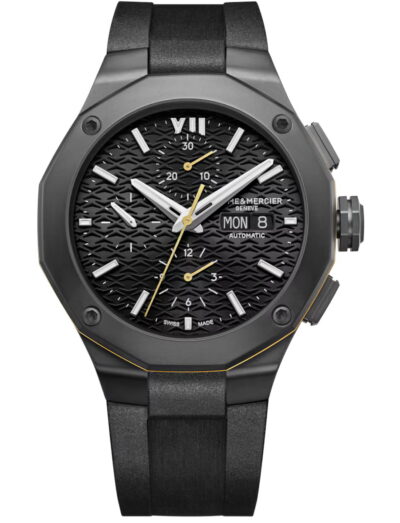 Baume & Mercier wristwatch with ADLC steel case, black dial and black rubber strap