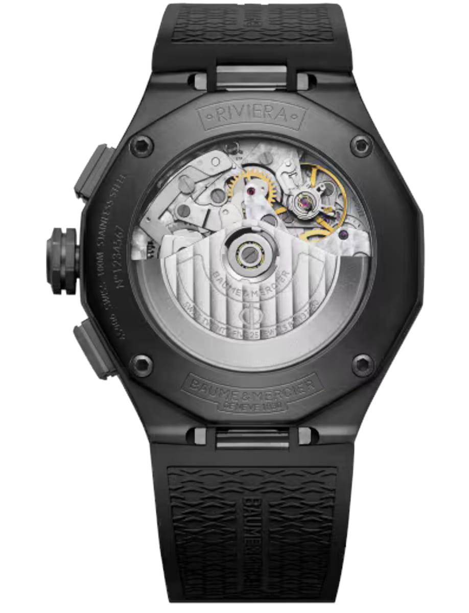 Back view of Baume & Mercier wristwatch with ADLC steel case, black dial and black rubber strap