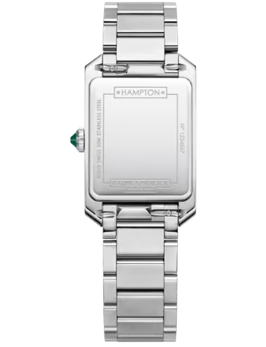 Back view of Baume & Mercier wristwatch with stainless steel case and bracelet and grey dial