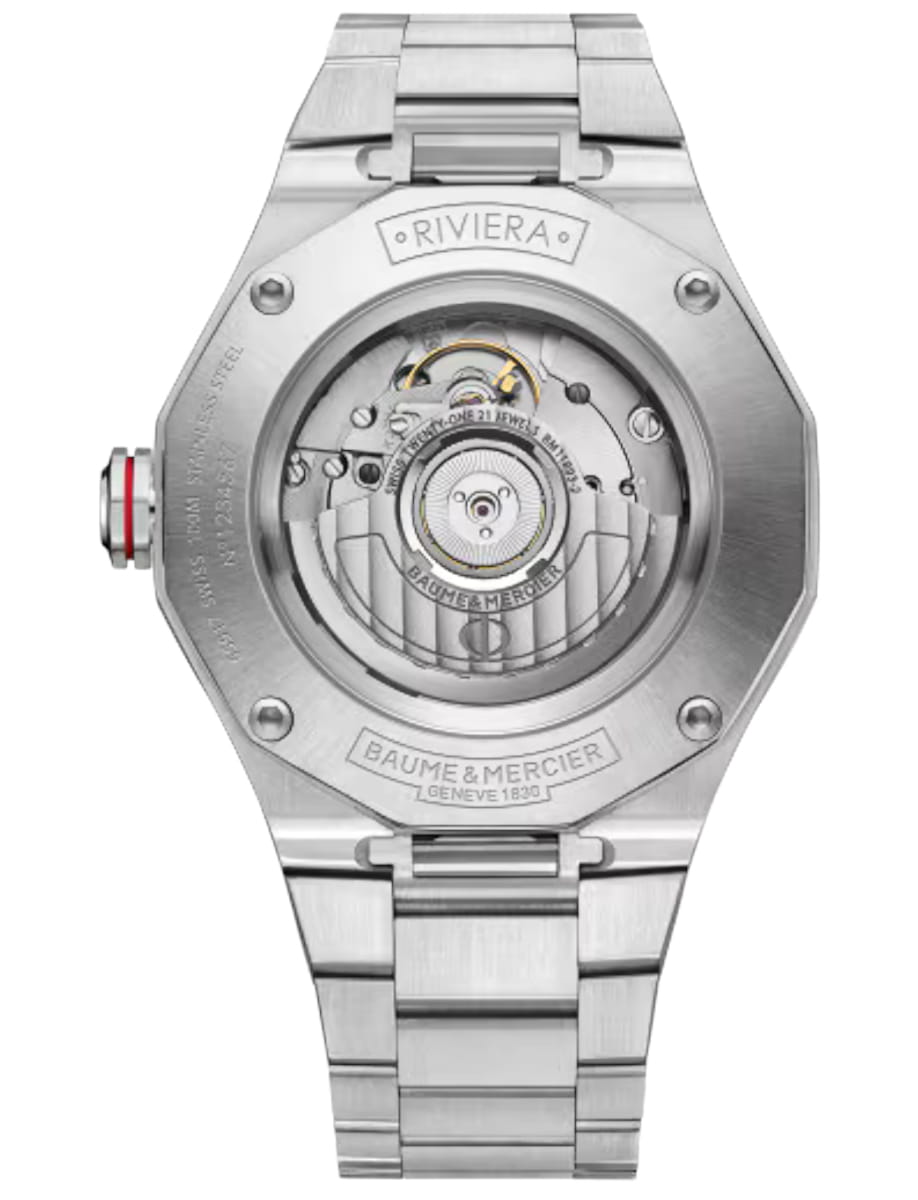 Back view of Baume & Mercier wristwatch with stainless steel case and bracelet and grey dial