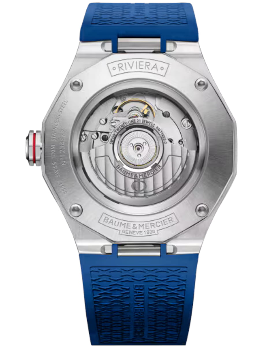 Back view of Baume & Mercier wristwatch with stainless steel case, blue dial and blue rubber strap