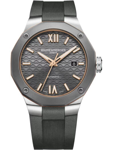 Baume & Mercier wristwatch with stainless steel and titanium case, grey dial and black rubber strap